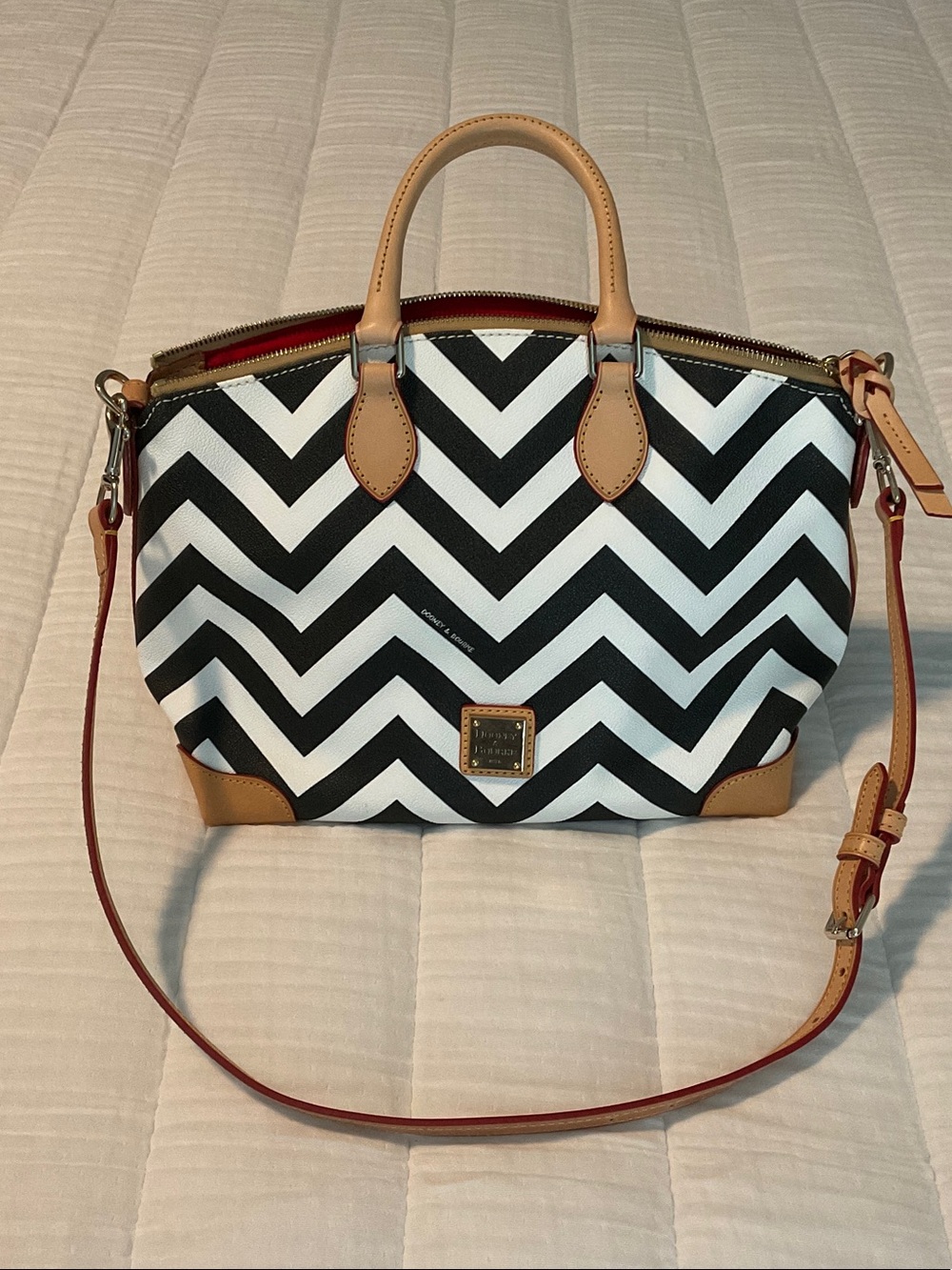 Dooney & Bourke Black & White Chevron Satchel with Tan Trim and Red Strap Accent